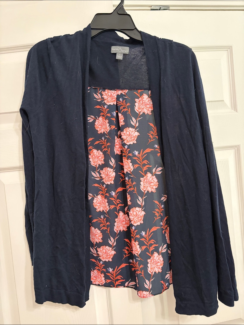 Market & Spruce Navy Cardigan with Coral Floral Panel